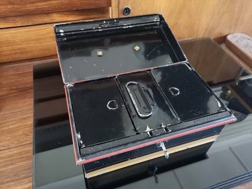 Vintage English tin cash box with key