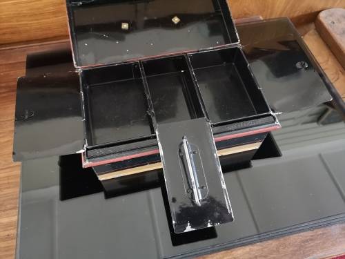 Vintage English tin cash box with key