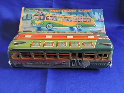 Vintage 1950`S JAPAN MARUSAN SAN GREYHOUND LINES RED RIBBON WORLD BUS TIN PLATE FRICTION TOY
