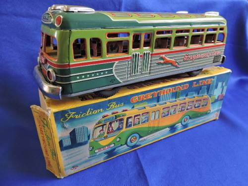 Vintage 1950`S JAPAN MARUSAN SAN GREYHOUND LINES RED RIBBON WORLD BUS TIN PLATE FRICTION TOY