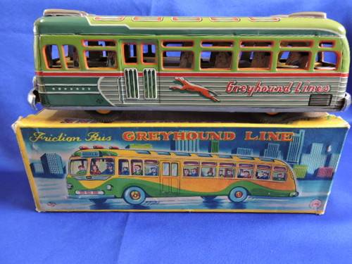 Vintage 1950`S JAPAN MARUSAN SAN GREYHOUND LINES RED RIBBON WORLD BUS TIN PLATE FRICTION TOY