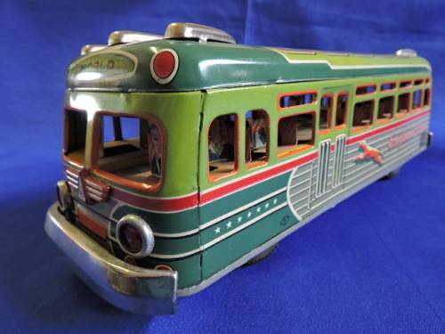 Vintage 1950`S JAPAN MARUSAN SAN GREYHOUND LINES RED RIBBON WORLD BUS TIN PLATE FRICTION TOY