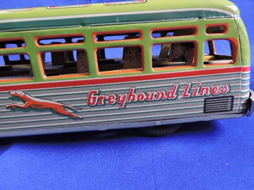 Vintage 1950`S JAPAN MARUSAN SAN GREYHOUND LINES RED RIBBON WORLD BUS TIN PLATE FRICTION TOY