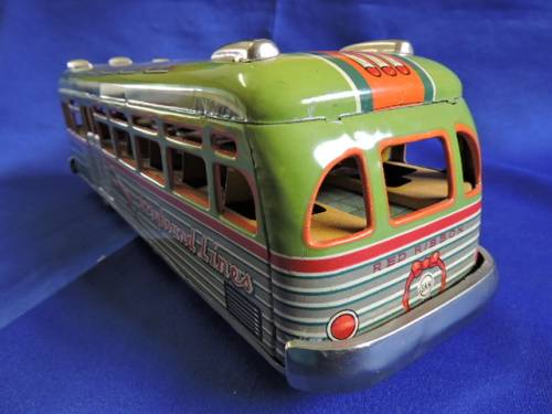 Vintage 1950`S JAPAN MARUSAN SAN GREYHOUND LINES RED RIBBON WORLD BUS TIN PLATE FRICTION TOY