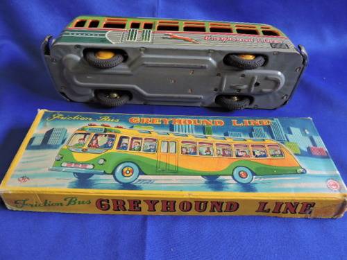 Vintage 1950`S JAPAN MARUSAN SAN GREYHOUND LINES RED RIBBON WORLD BUS TIN PLATE FRICTION TOY
