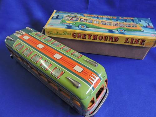 Vintage 1950`S JAPAN MARUSAN SAN GREYHOUND LINES RED RIBBON WORLD BUS TIN PLATE FRICTION TOY