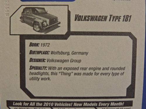 Hot Wheels Volkswagen VW Type 181 ( Blue soft top ) Long Card