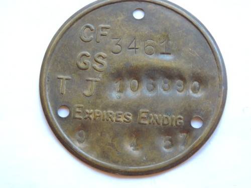 Vintage metal License Disk TJ 106890  1957  Like number Plate    D50