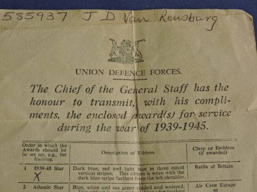 WW2 Medal x3 grouping with certificate issued to J.D Van Rensburg