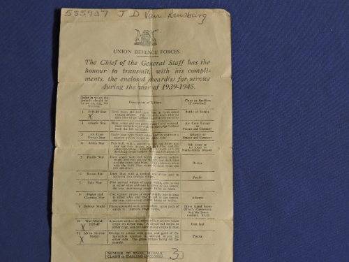 WW2 Medal x3 grouping with certificate issued to J.D Van Rensburg