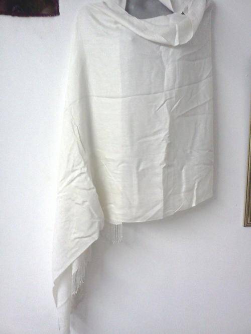 **Free Shipping** Cream Thick and Smooth Pashmina Shawl with Beaded Tassles