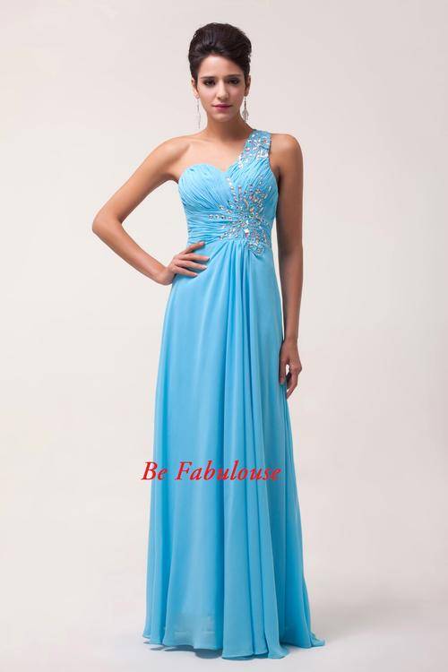 Blue chiffon one shoulder lace up back evening cocktale dress !!!