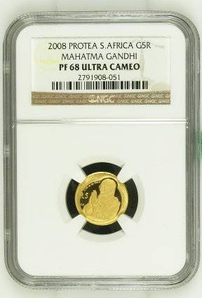 2008 1/10th 24ct gold  Protea South africa G5R Mahatma Gandhi pf68 "Ultra Cameo"
