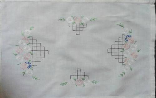 Linen embroidered tray cloth daisies and trellis work soft colours