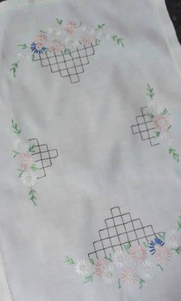 Linen embroidered tray cloth daisies and trellis work soft colours