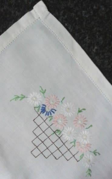 Linen embroidered tray cloth daisies and trellis work soft colours