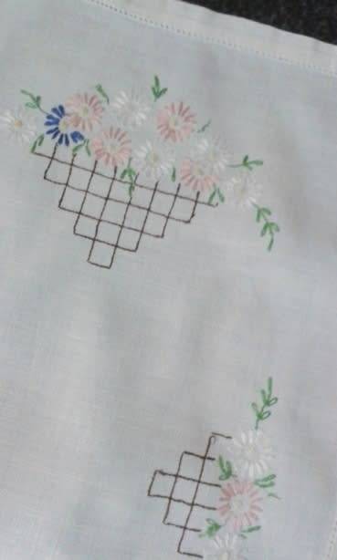 Linen embroidered tray cloth daisies and trellis work soft colours
