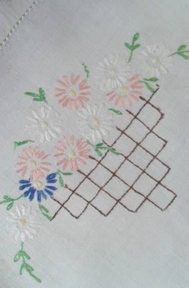 Linen embroidered tray cloth daisies and trellis work soft colours