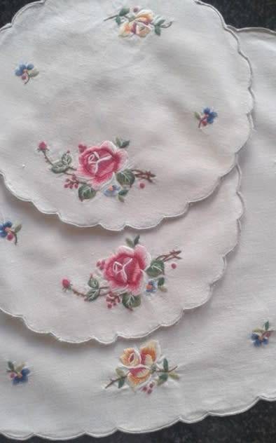 Three piece dresser set vintage cotton embroidered roses