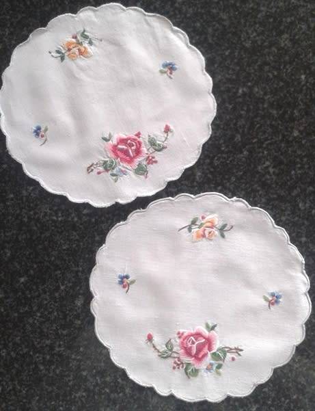 Three piece dresser set vintage cotton embroidered roses