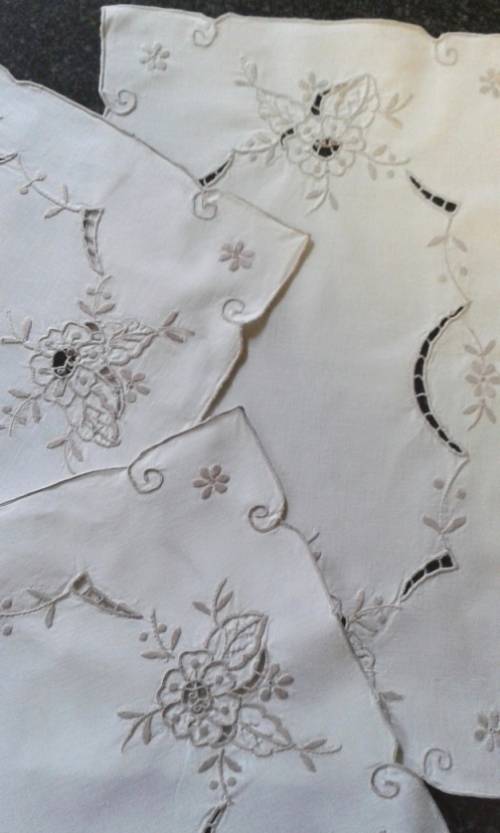 Three Vintage Cotton Cut Work And Embroidery Tray Cloths / Placemats