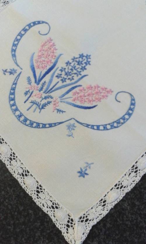 Embroidered linen tray cloth pretty edge