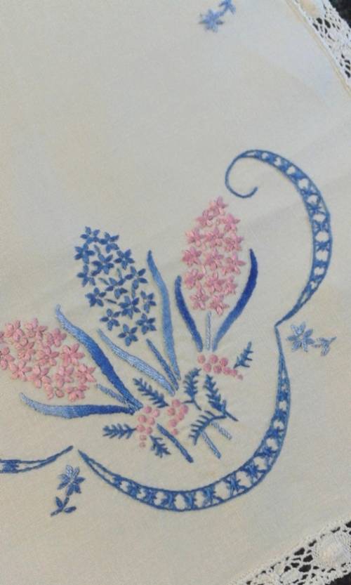 Embroidered linen tray cloth pretty edge