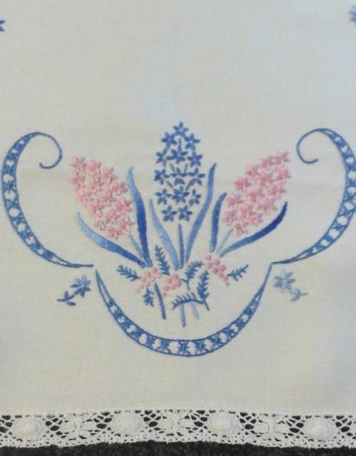 Embroidered linen tray cloth pretty edge