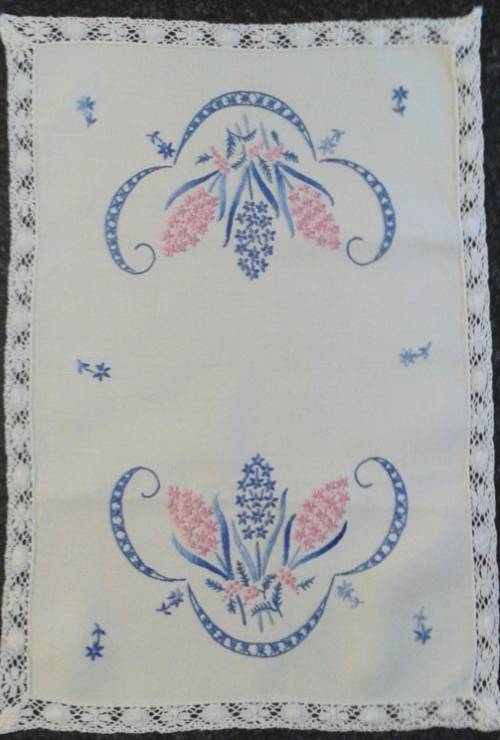 Embroidered linen tray cloth pretty edge