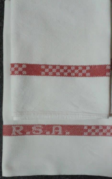 Two vintage linen kitchen glass cloths red stripes
