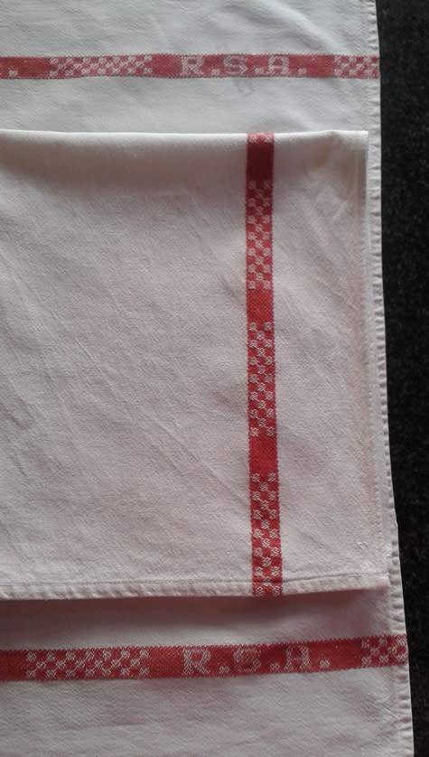 Two vintage linen kitchen glass cloths red stripes