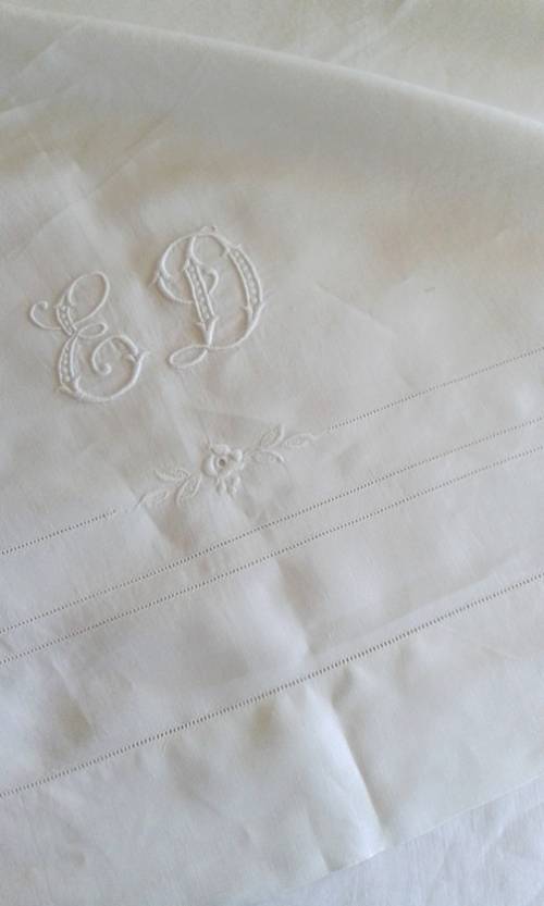 Antique linen bed sheet monogram ED