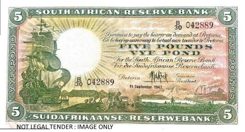 5 POUNDS : MH DE KOCK 1ST ISSUE B30 / 042889