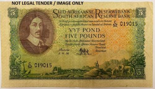 S.A. 5 Pound, C52 (Date & Language change) Signed Gov. M.H. De Kock No: C52/019015