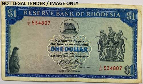 Rhodesian 1 Dollar 14 May 1971 Salisbury, L31/534807 " Condition as per actual image".