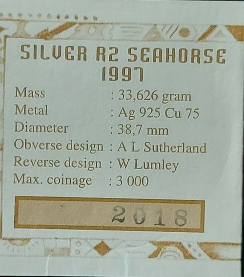 1 X 1997 SILVER R2 SEAHORSE COIN WITH CERTIFICATE 2018