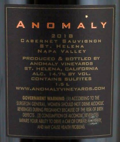 2018 Anomaly Cabernet Sauvignon from the Napa Valley, California.