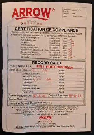 New ARROW Full Safety Harness with Shock Absorbing Lanyard