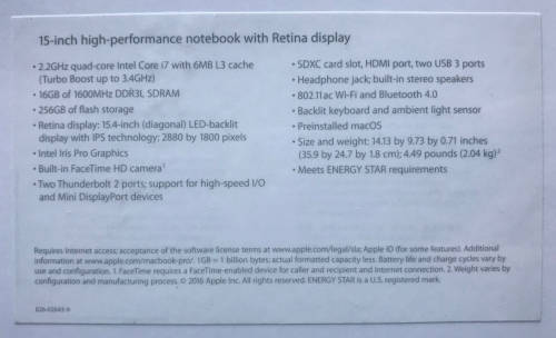Mid 2015 Apple MacBook Pro 15 Inch i7 2.2GHz / 16GB / 256GB SSD - 1 Year AppleCare Warranty