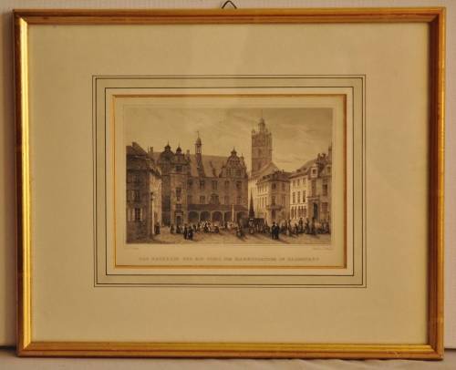 Antique steel plate engraving - Das Rathhaus und ein theil des marktplatzies in Darmstadt F ABRESCH