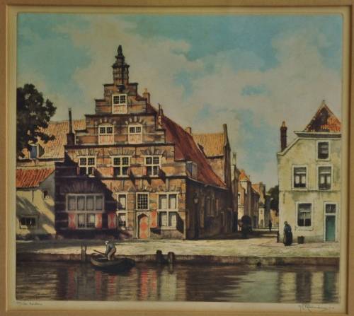 Vintage hand coloured etching - Stadstimmerhuis/Galgenwater Leiden 1932 H E ROODENBURG