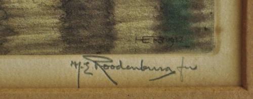 Vintage original hand coloured etching - Stadstimmerhuis/Galgenwater Leiden 1932 H E ROODENBURG