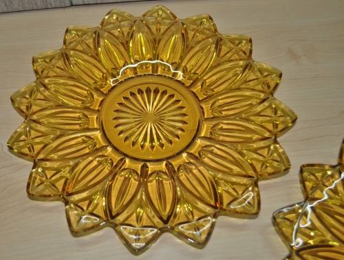 Sunflower Petal Pattern Gold Amber Depression Glass Serving Platters