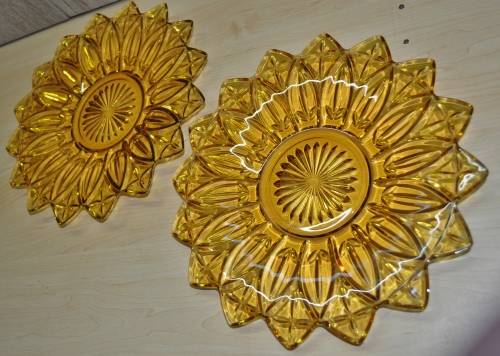 Sunflower Petal Pattern Gold Amber Depression Glass Serving Platters