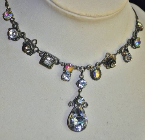 Vintage antique silver tone Aurora Borealis costume jewellery necklace