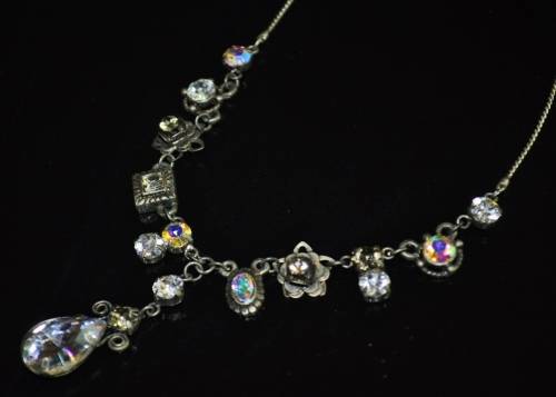 Vintage antique silver tone Aurora Borealis costume jewellery necklace