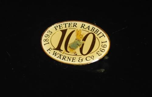 Collectible, Gold Tone Enamel 100 Year (1893-1993) Peter Rabbit F. Warne and Co Commemorative Brooch