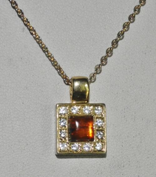 Vintage Gold Tone Square Pendant Necklace with Amber and Clear Crystal Stones