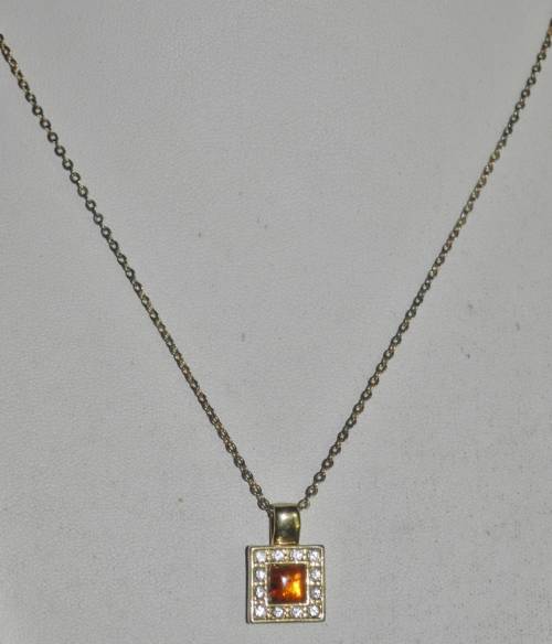 Vintage Gold Tone Square Pendant Necklace with Amber and Clear Crystal Stones