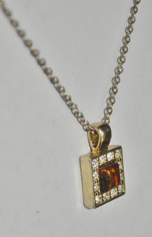 Vintage Gold Tone Square Pendant Necklace with Amber and Clear Crystal Stones